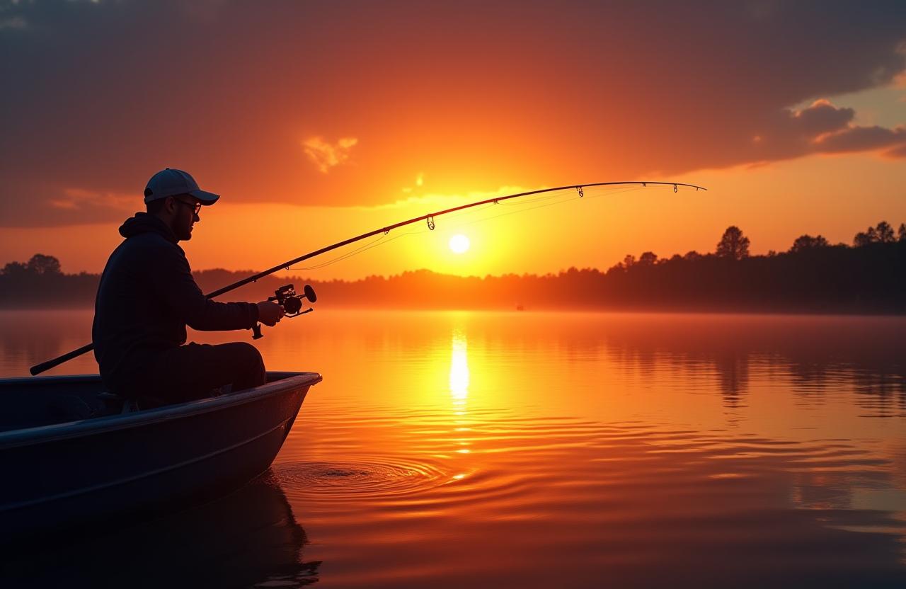 Ein Angler wirft seine Angel bei Sonnenuntergang an einem See in der Nähe von Madrid aus.